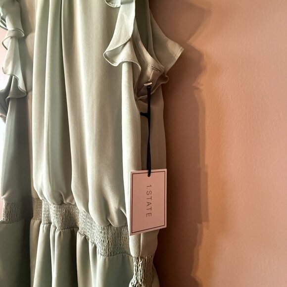 Women's L NWT 1. STATE. Smocked Mock Neck Dress Flutter Sleeve Mini - Picture 5 of 10